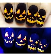 Halloween Press on Nails Medium Square Fake Nails Black Full Cover Scary Pumpkin Face Glow in The...