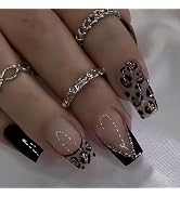 Leopard Print Nail Press ons French Tip Fake Nails Black Press on Nails Glossy Full Cover Glue on...