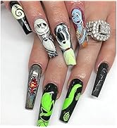 Halloween Press on Nails Long Coffin Fake Nails Black Full Cover Spider Green Nightmare Before Ch...