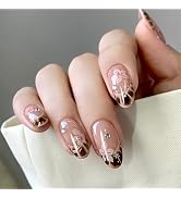 Stbisen French Press On Nails Almond medium, Nude Pink Fake Nails with Floral & Brown Gradient Fr...