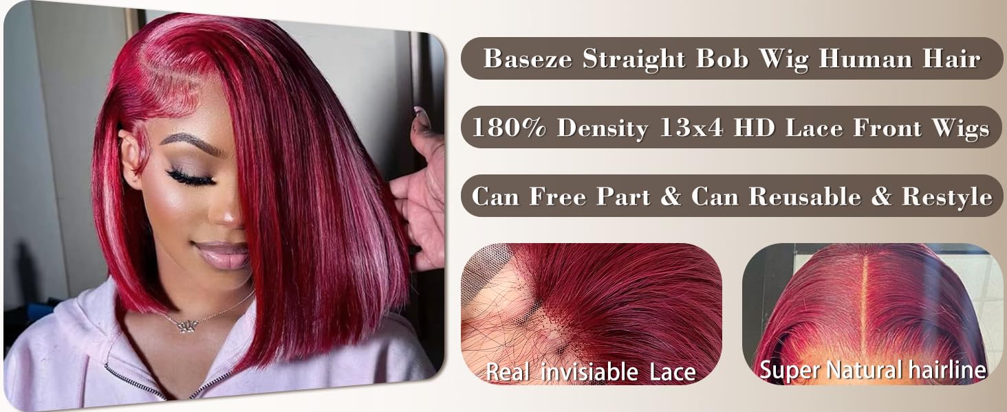 99j Burgundy Bob Wig Human Hair 13x4 Lace Front Wigs