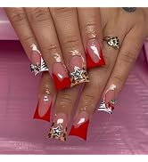 Red French Tips Press on Nails Medium Duck False Nails with Rhinestones Star Charm Design Leopard...