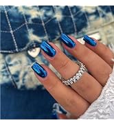 KQueenest Royal Blue Chrome Press on Nails Short Medium Square Metallic Fake Nails Glitter Glue o...