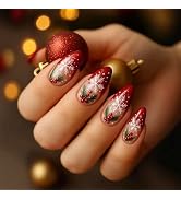 Christmas Press on Nails Medium Almond Fake Nails with Designs Snowflake Stick on Nail French Acr...