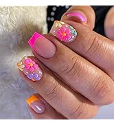 Flower Press on Nails Short Square Fake Nails Spring False Nails with Designs Pink French Glossy ...