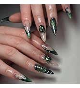 MISUD Press on Nails - Medium Stiletto Glue on Nails with Goth Dark Green, Acrylic Ladybug Design...