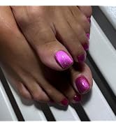 KQueenest Cat Eye Hot Pink Toe Press on Nails Short Square, Glitter Neon Pink Fake Toe Nails Pres...