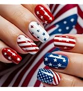 4th of July Press on Nails Square Fake Nails with Stripes Designs Medium Glue on Nails Stars Nail...