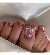 Glitter Press-On Toenails Short Square Toenails with Nude Glitter Design Summer Glossy Full Cover...