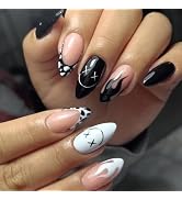 MISUD Press on Nails - Medium Stiletto Fake Nails with Black White, Acrylic Goth Fire Design 24 pcs