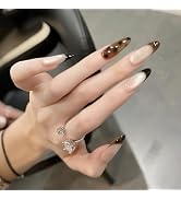 MISUD Press on Nails - Long Stiletto Fake Nails with Fall Brown Tortoise, Acrylic Cat Eye Design ...
