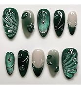 24Pcs Dark Green Almond Press on nails Medium Glitter Fake Nails with 3D Water Ripple Star Design...