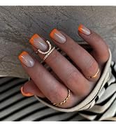 KQueenest 30 Pcs Orange French Tip Press on Nails Short Square, Natural Nude Fake Nails with Glue...
