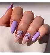 Spring Press on Nails Short Almond Fake Nails with Floral Designs Purple Nails Press ons Glossy G...