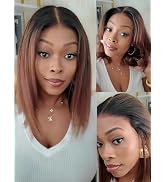 Julia Hair 10 Inch Chestnut Brown Ombre Yaki Straight Bob Wig Glueless Pre Cut 13X4 HD Lace Front...