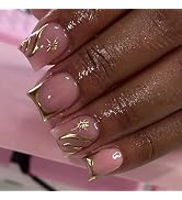 MERVF Press on Nails Short Square, Gold 3D French Tip Fake Nails, Star Rhinestones Glue ons Acryl...