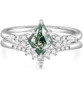 Jeulia Natural Moss Agate Ring Set 925 Sterling Silver Pear Cut Engagement Wedding Promise Ring S...