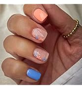 Press On Nails - Short Square Shape Blue Orrange False Nails with Flower Design, Full Cover Gloss...