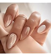 Press on Nails Medium Almond Fake Nails White False Nails with Design Glitter Swirl Glossy Glue o...