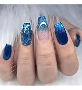 MISUD Medium Coffin Press on Nails, Blue Gradient Fake Nails, Glitter Artificial False Nails with...