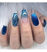 MISUD Medium Coffin Press on Nails, Blue Gradient Fake Nails, Glitter Artificial False Nails with...
