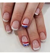 4th of July Press on Nails Short Square Fake Nails with Stars Designs White French Nails Press on...