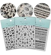 CESTSIREN Black Lace Butterfly Totem Cross Nail Art Stickers Rhinestones Embossed Nail Decals for...