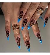 MISUD Press on Nails - Long Stiletto Glue on Nails with Blue French Tip, Acrylic Fall Cheetah Des...