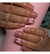 Short Press on Nails Square Fake Nails Leopard French Tip False Nails with Pink Glossy Bow Design...