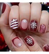Christmas Press on Nails Short Square Fake Nails with Designs Snowflake Stick on Nail French Acry...