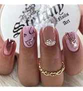 Press on Nails Short Square Fake Nails White French Tip False Nails with Heart Designs Pink & Nud...