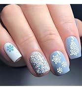 Blue Press on Nails Short Square Fake Nails with Designs Xmas Tree Stick on Nail Christmas Acryli...