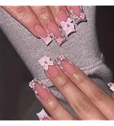24 Pcs Spring Press on Nails Medium Square,YIHONGYAN 3D Rhinestones Cute Bow Flowers Fake Nails P...