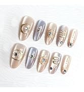 30Pcs Gold Star Press on Nails Medium Almond Fake Nails with 3D Blue Rhinestones Designs Glue on ...