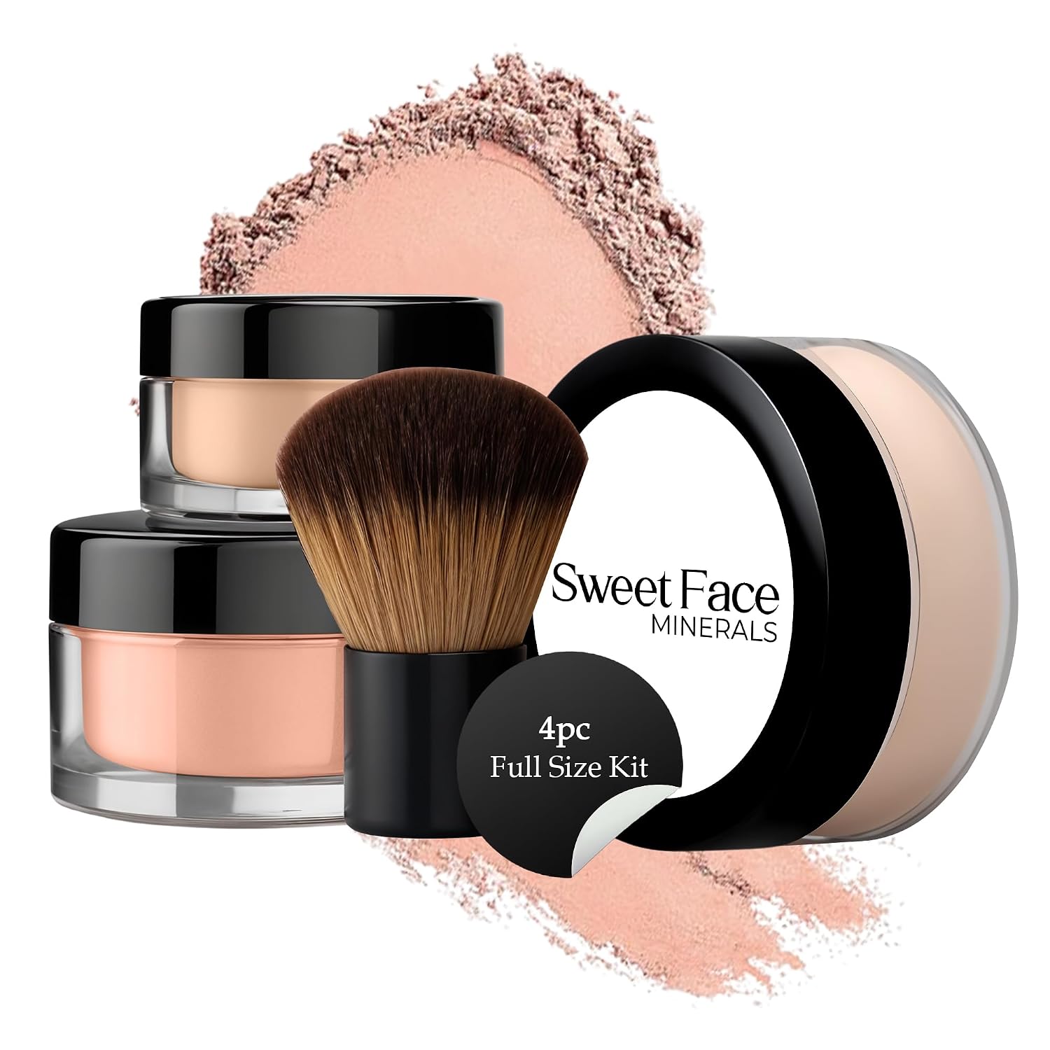 4pc (LIGHT TAN) KIT w/KABUKI BRUSH Mineral Makeup Matte Loose Powder Foundation Concealer Blush Long Lasting Bare Face Cosmetics
