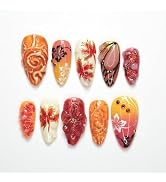 30Pcs Fall Press on Nails Medium Almond Glitter Maple Leaf Fake Nails with Diamond Designs 3D Flo...