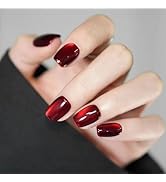 Wine Red Press on Nails Short Square Fake Nails Glitter Nails Press Ons Full Cover Glossy Glue on...