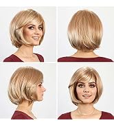 RENERSHOW Mixed Blonde Bob Short Wigs for White Women Straight Pixie Bob Wig with Bangs Chin Leng...
