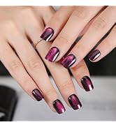 Stbisen Dark Purple Press On Nails, Short Square Cat Eye Design, Reusable Glossy Fake Nails Kit w...