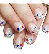Independence Day Press on Nails Short Square Fake Nails with Glitter French Tip Designs Stars Nai...