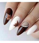 24Pcs Maple Leaves Acrylic Medium Almond Fake Nail Thanksgiving Press on Nails Rhinestones Stick ...