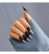 ANDGING Press on Nails Medium Stiletto, Fake Nails for Women with Black White Rhinestone Bling De...