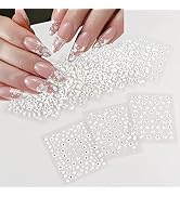 Flowers Nail Art Stickers 3D Self Adhesive Nail Art Supplies White Flower Stickers with Rhineston...