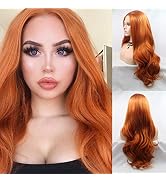 Xiweiya Long Orange Ginger Wavy Lace Front Wigs Mixed Red Orange for Women Heat Resistant Fiber H...