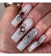 Halloween Press on Nails Long Coffin Fake Nails White Full Cover Black Spider Web False Nails wit...
