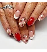 Cute Press on Nails Almond Fake Nails with Flower Strawberry Designs Glue on Nails White French T...