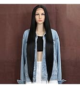 Style Icon 38” Super Long Straight Wigs Lace Front Wigs 6” Deeper Middle Part Wig Black Synthetic...