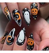 Halloween Short Press on Nails Black Almond Checkered Fake Nails Ghost False Nails Pumpkin Acryli...