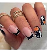 Halloween Press on Nails Medium Square French Tip Fake Nails Black Full Cover Ghost Pumpkin False...