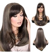 Kalyss Brown with Highlights Yaki Synthetic Women's Wig With Hair Bangs Centre Parting Long Strai...